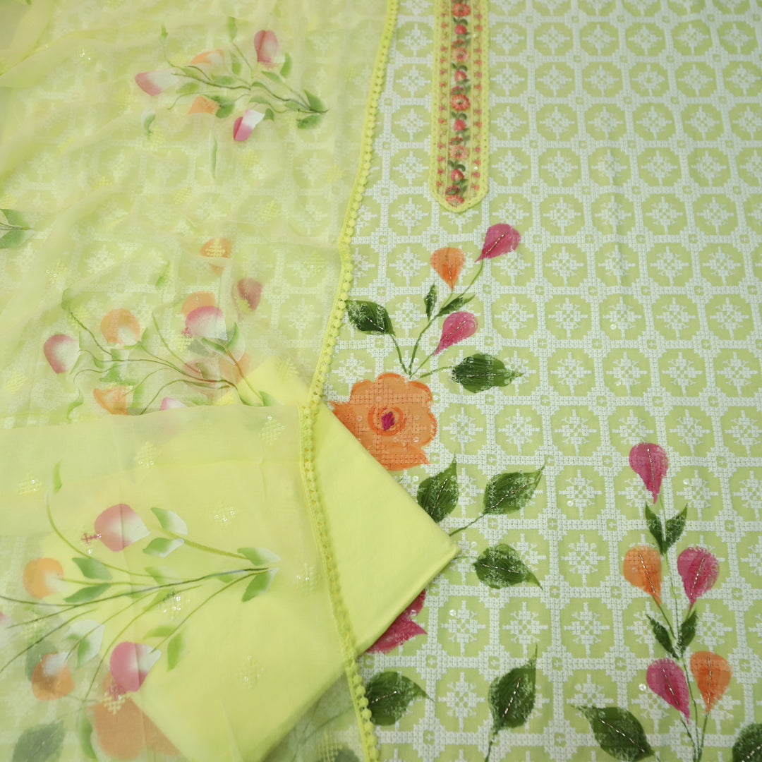 Ruaa Butter Yellow All Over Thread Work with Lace Patch On Neck Cotton Suit Set