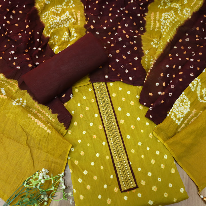 Ruksana Mehendi Green Neck Lace Patch Authentic Bandhej Work Cotton Suit Set D2