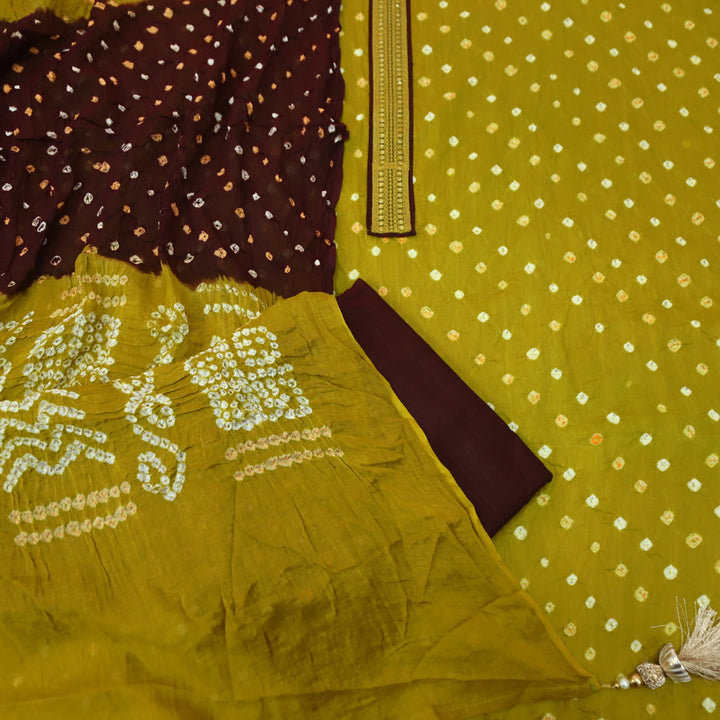 Ruksana Mehendi Green Neck Lace Patch Authentic Bandhej Work Cotton Suit Set D2