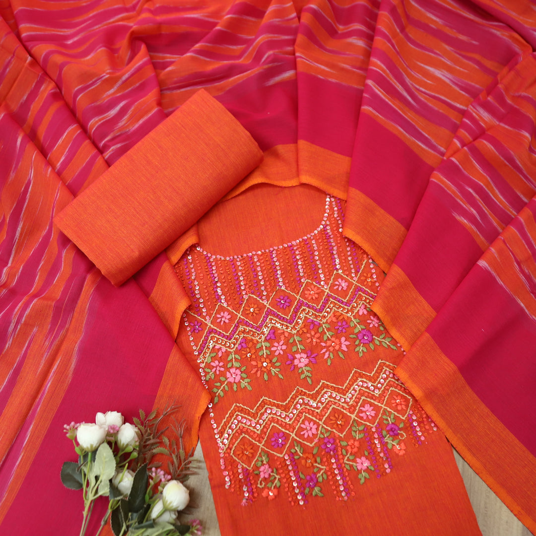 Khayal Tangerine Orange French Knot Embroidered Neck Work South Cotton Suit Set