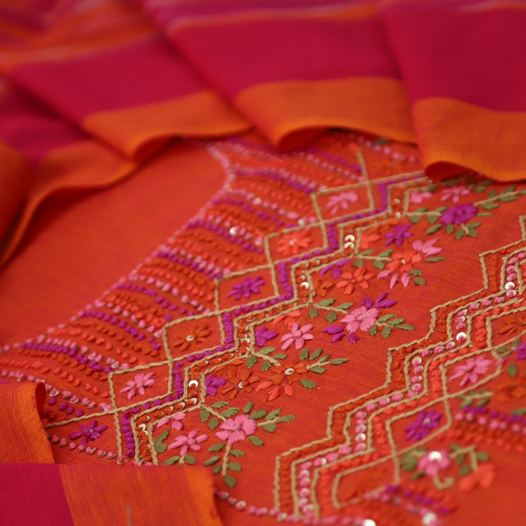 Khayal Tangerine Orange French Knot Embroidered Neck Work South Cotton Suit Set
