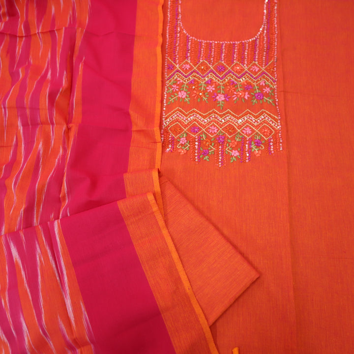 Khayal Tangerine Orange French Knot Embroidered Neck Work South Cotton Suit Set