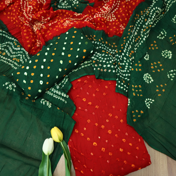 Sohini Bright Red All Over Authentic Bandhej Work Cotton Suit Set