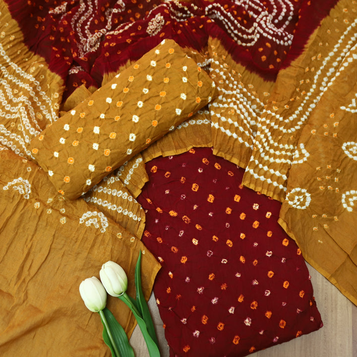 Sohini Dark Maroon All Over Authentic Bandhej Work Cotton Suit Set