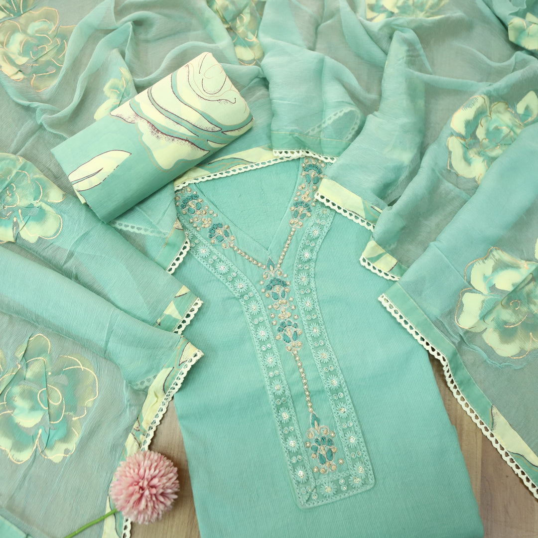 Sohini Sea From Green French Knot Neck Detailing with Lace Cotton Suit Set