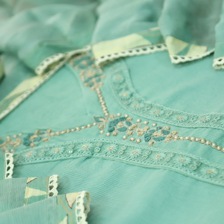 Sohini Sea From Green French Knot Neck Detailing with Lace Cotton Suit Set
