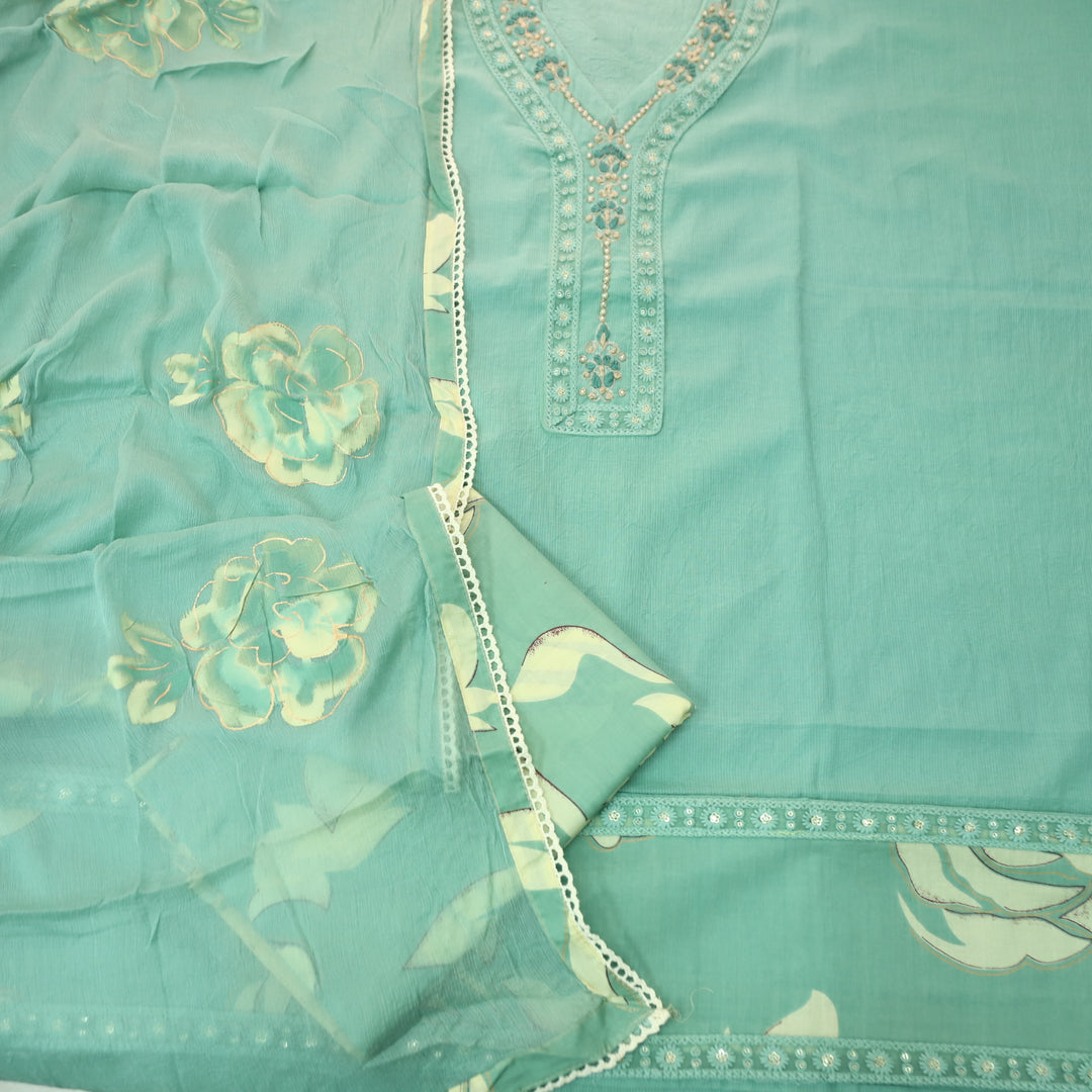 Sohini Sea From Green French Knot Neck Detailing with Lace Cotton Suit Set