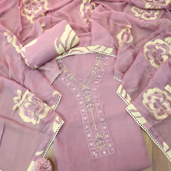 Sohini Mauve Taupe French Knot Neck Detailing with Lace Cotton Suit Set