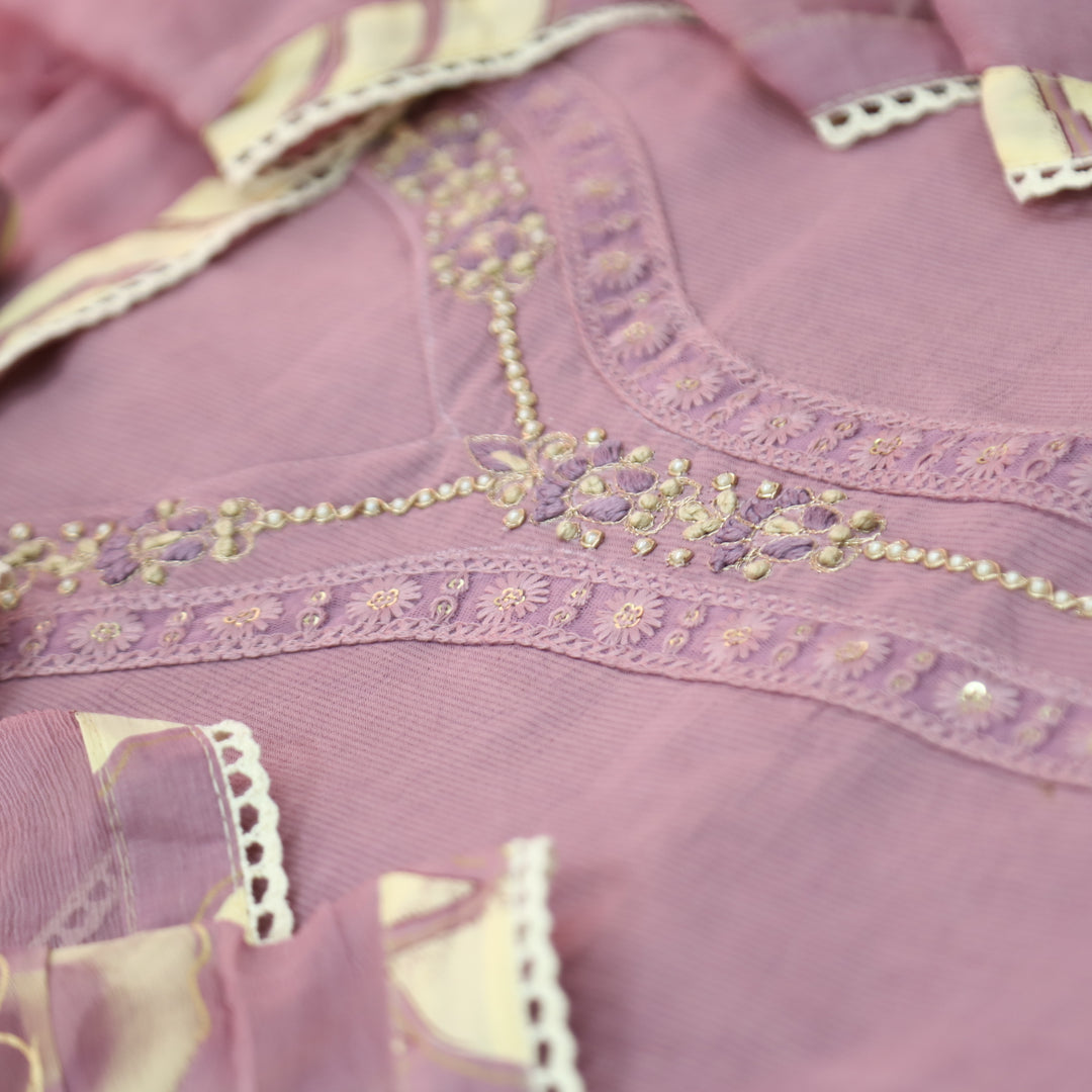 Sohini Mauve Taupe French Knot Neck Detailing with Lace Cotton Suit Set