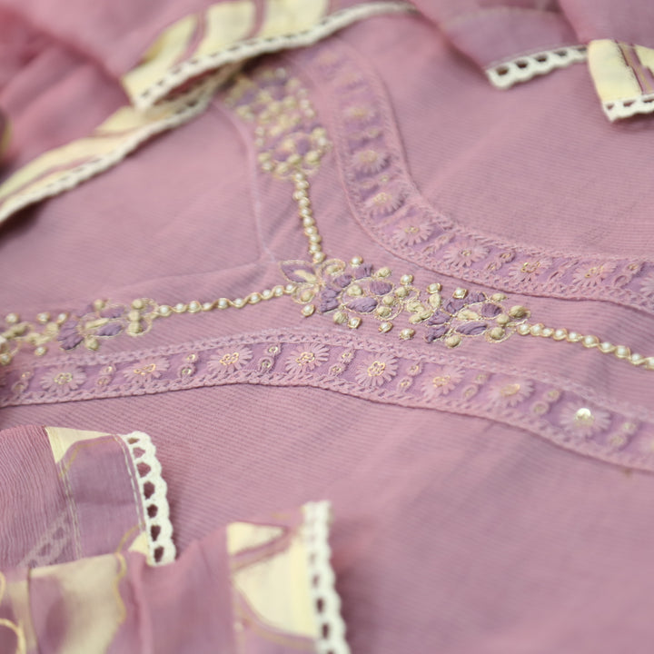 Sohini Mauve Taupe French Knot Neck Detailing with Lace Cotton Suit Set