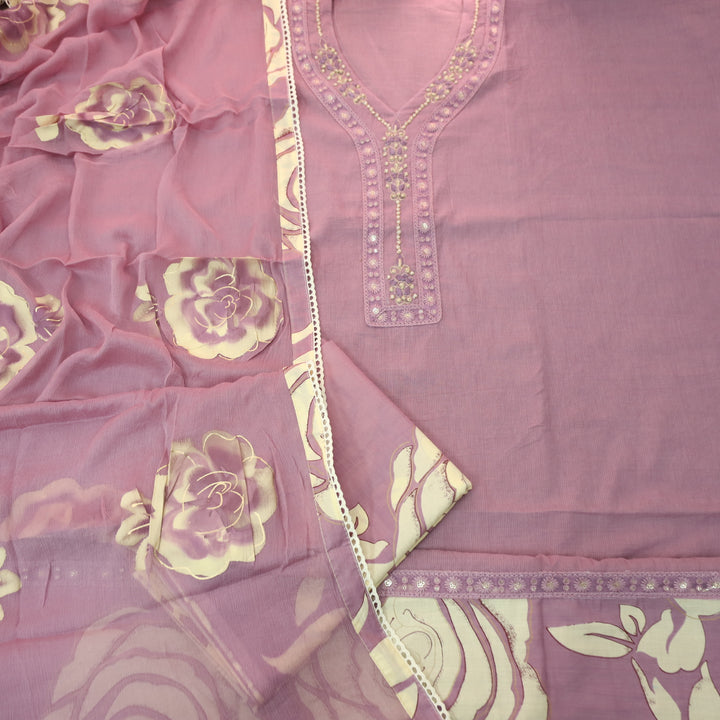 Sohini Mauve Taupe French Knot Neck Detailing with Lace Cotton Suit Set