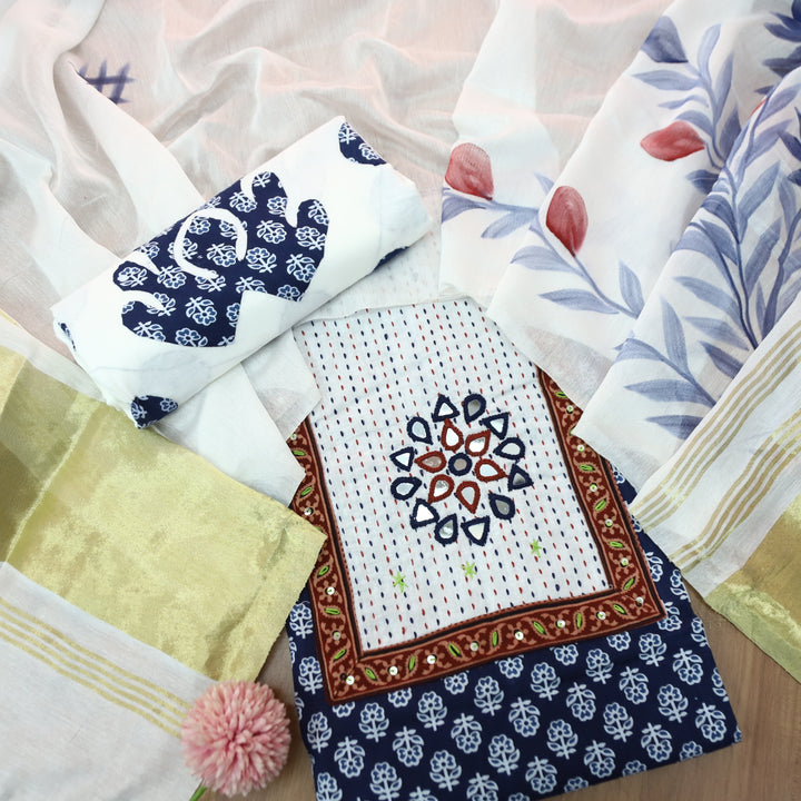 Kakaswi Denim Blue Kutch Mirror Neck Patch Work Dabu Printed Cotton Suit Set D1