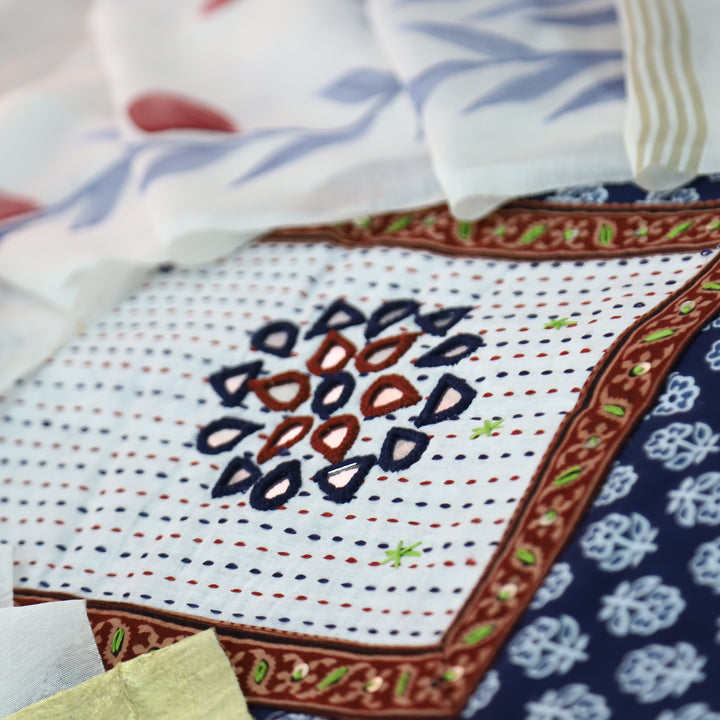 Kakaswi Denim Blue Kutch Mirror Neck Patch Work Dabu Printed Cotton Suit Set D1