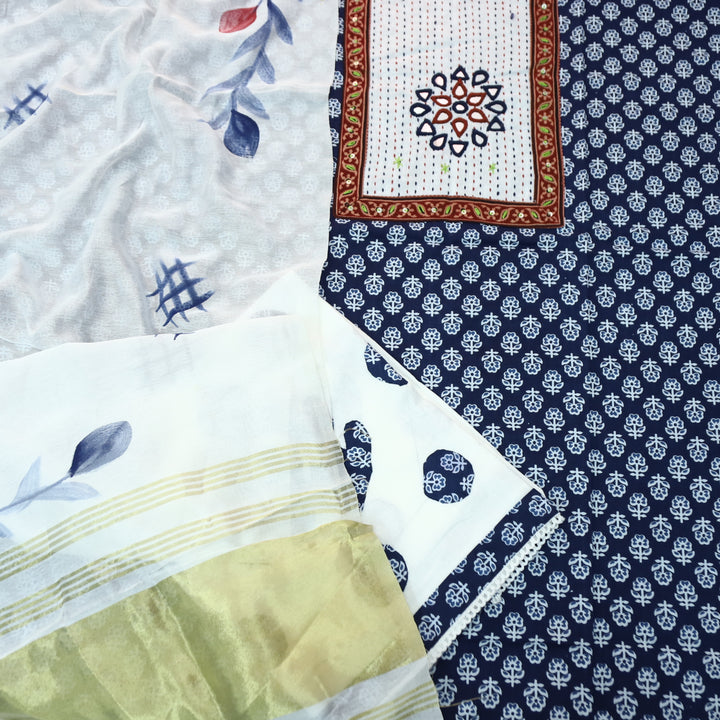 Kakaswi Denim Blue Kutch Mirror Neck Patch Work Dabu Printed Cotton Suit Set D1