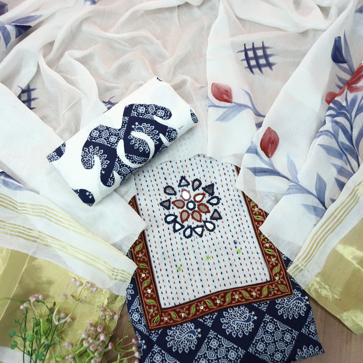Kakaswi Denim Blue Kutch Mirror Neck Patch Work Dabu Printed Cotton Suit Set D2