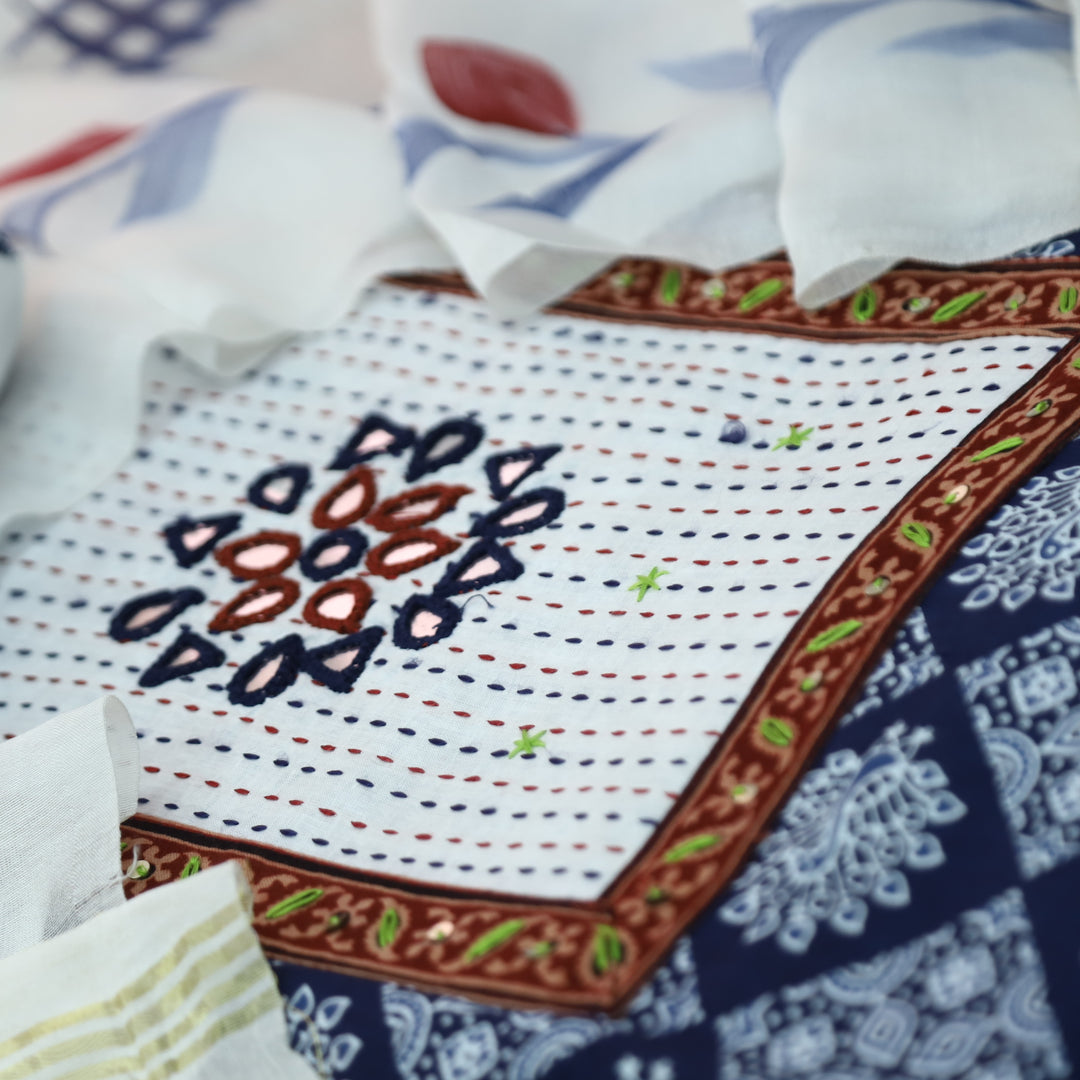 Kakaswi Denim Blue Kutch Mirror Neck Patch Work Dabu Printed Cotton Suit Set D2