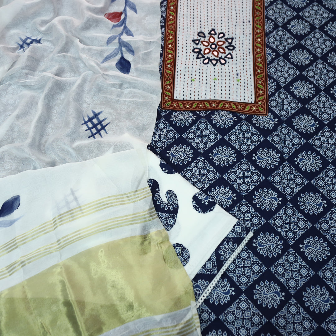 Kakaswi Denim Blue Kutch Mirror Neck Patch Work Dabu Printed Cotton Suit Set D2