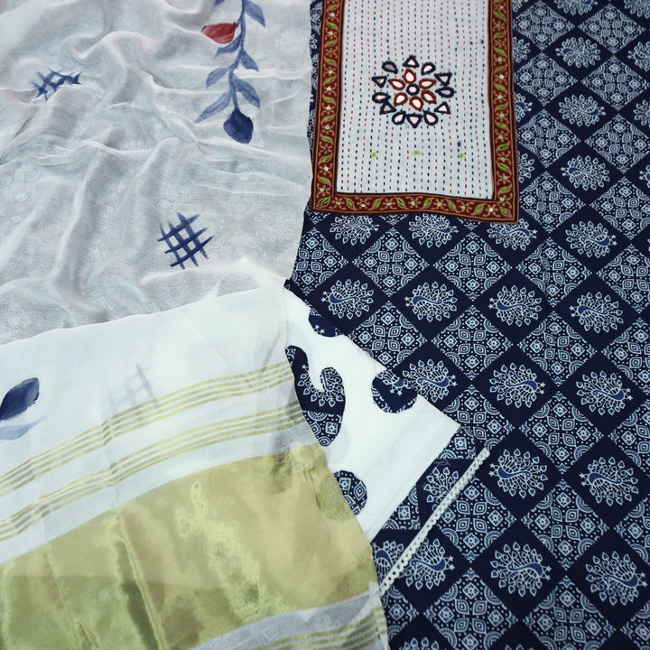 Kakaswi Denim Blue Kutch Mirror Neck Patch Work Dabu Printed Cotton Suit Set D2