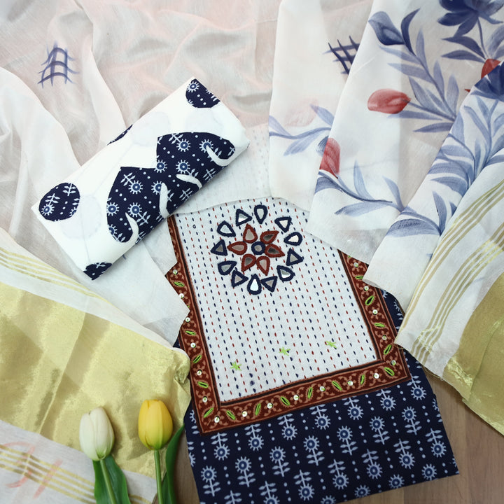 Kakaswi Denim Blue Kutch Mirror Neck Patch Work Dabu Printed Cotton Suit Set-D3