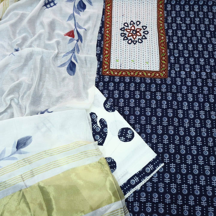 Kakaswi Denim Blue Kutch Mirror Neck Patch Work Dabu Printed Cotton Suit Set-D3