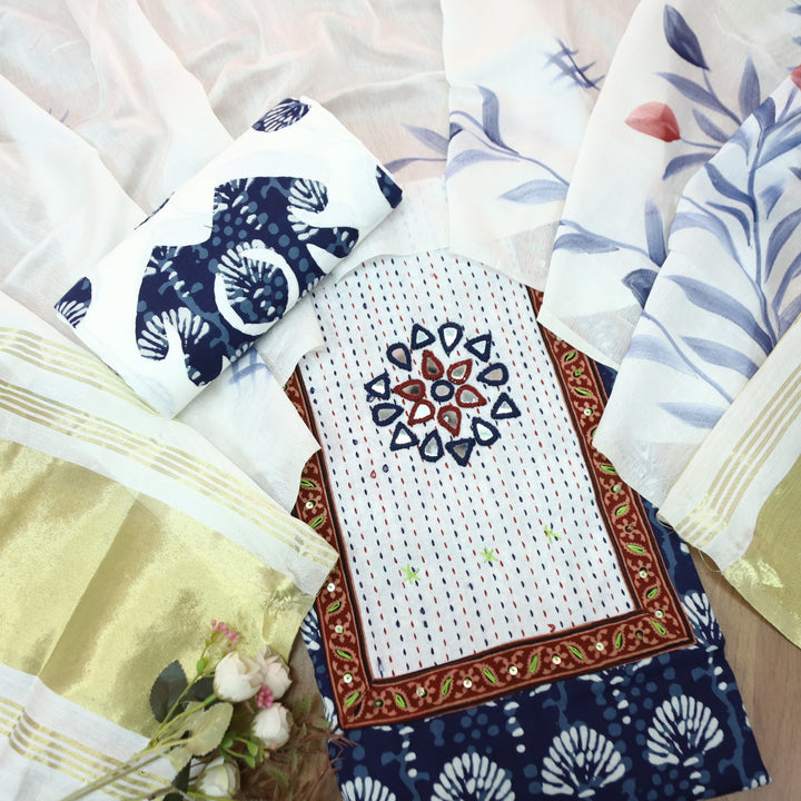 Kakaswi Denim Blue Kutch Mirror Neck Patch Work Dabu Printed Cotton Suit Set-D4
