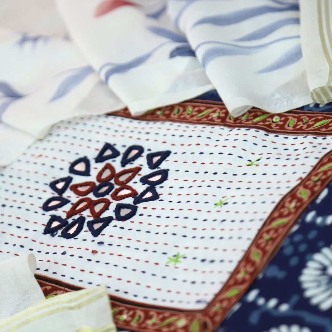 Kakaswi Denim Blue Kutch Mirror Neck Patch Work Dabu Printed Cotton Suit Set-D4