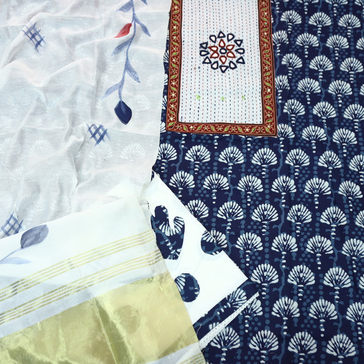 Kakaswi Denim Blue Kutch Mirror Neck Patch Work Dabu Printed Cotton Suit Set-D4