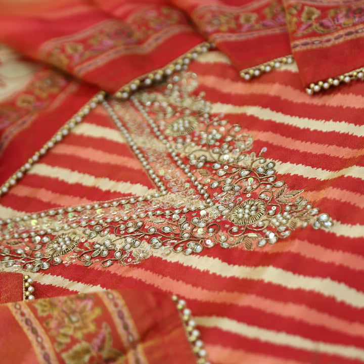 Sohini Bright Red V Embellished Neckline in Stripe Print Shimmer Tissue Chanderi Set