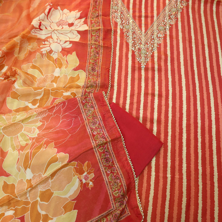 Sohini Bright Red V Embellished Neckline in Stripe Print Shimmer Tissue Chanderi Set
