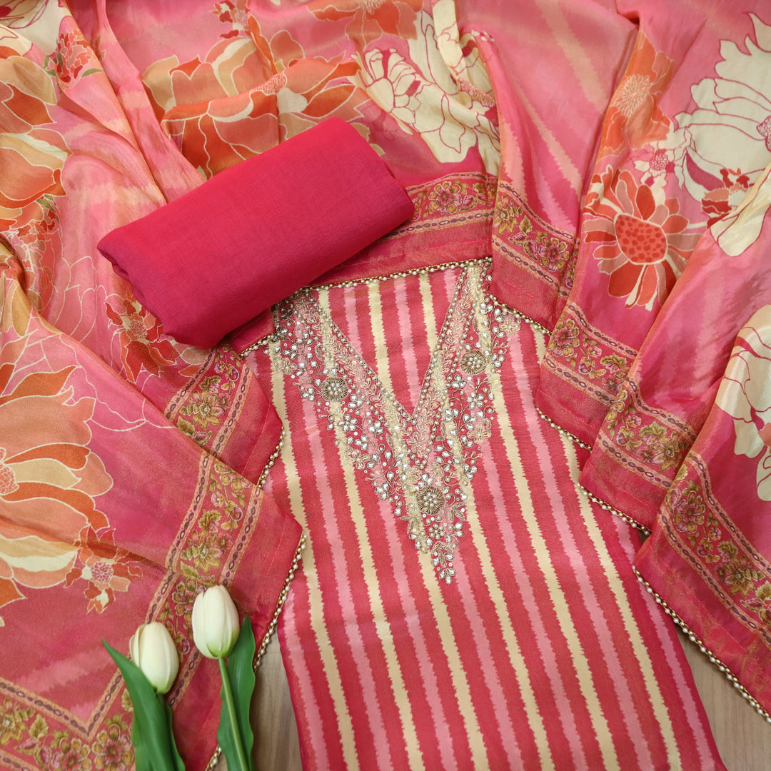 Sohini Rani Pink V Embellished Neckline in Stripe Print Shimmer Tissue Chanderi Set