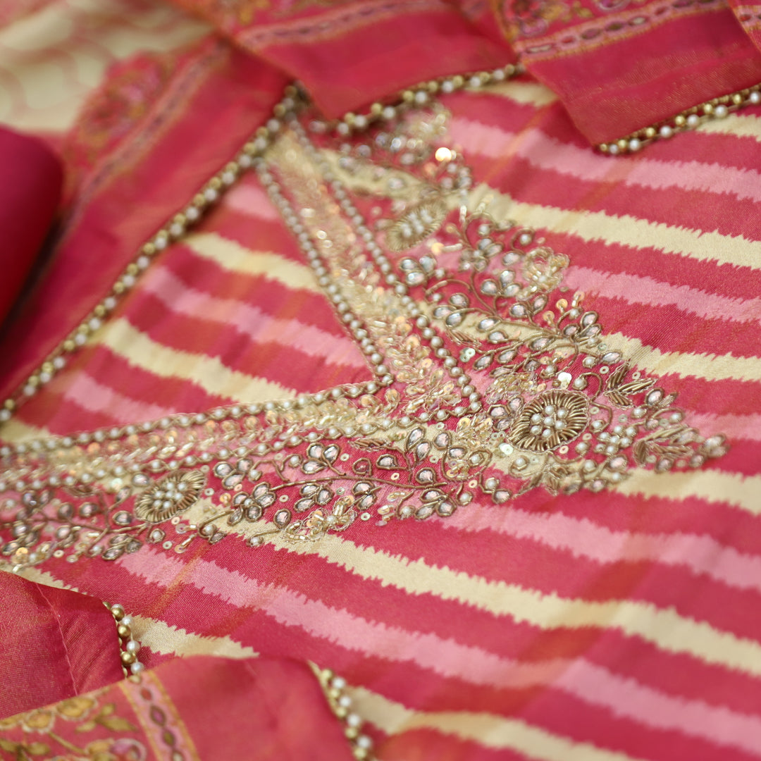 Sohini Rani Pink V Embellished Neckline in Stripe Print Shimmer Tissue Chanderi Set