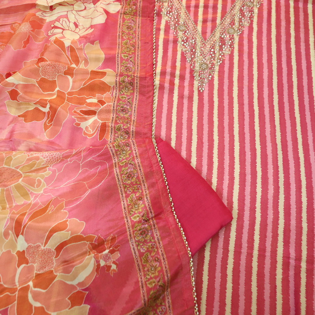 Sohini Rani Pink V Embellished Neckline in Stripe Print Shimmer Tissue Chanderi Set