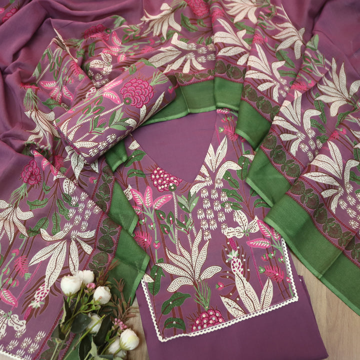 Aafreen Jamuni Purple V Neck Floral Printed Yoke with Moti Work Cotton Suit Set