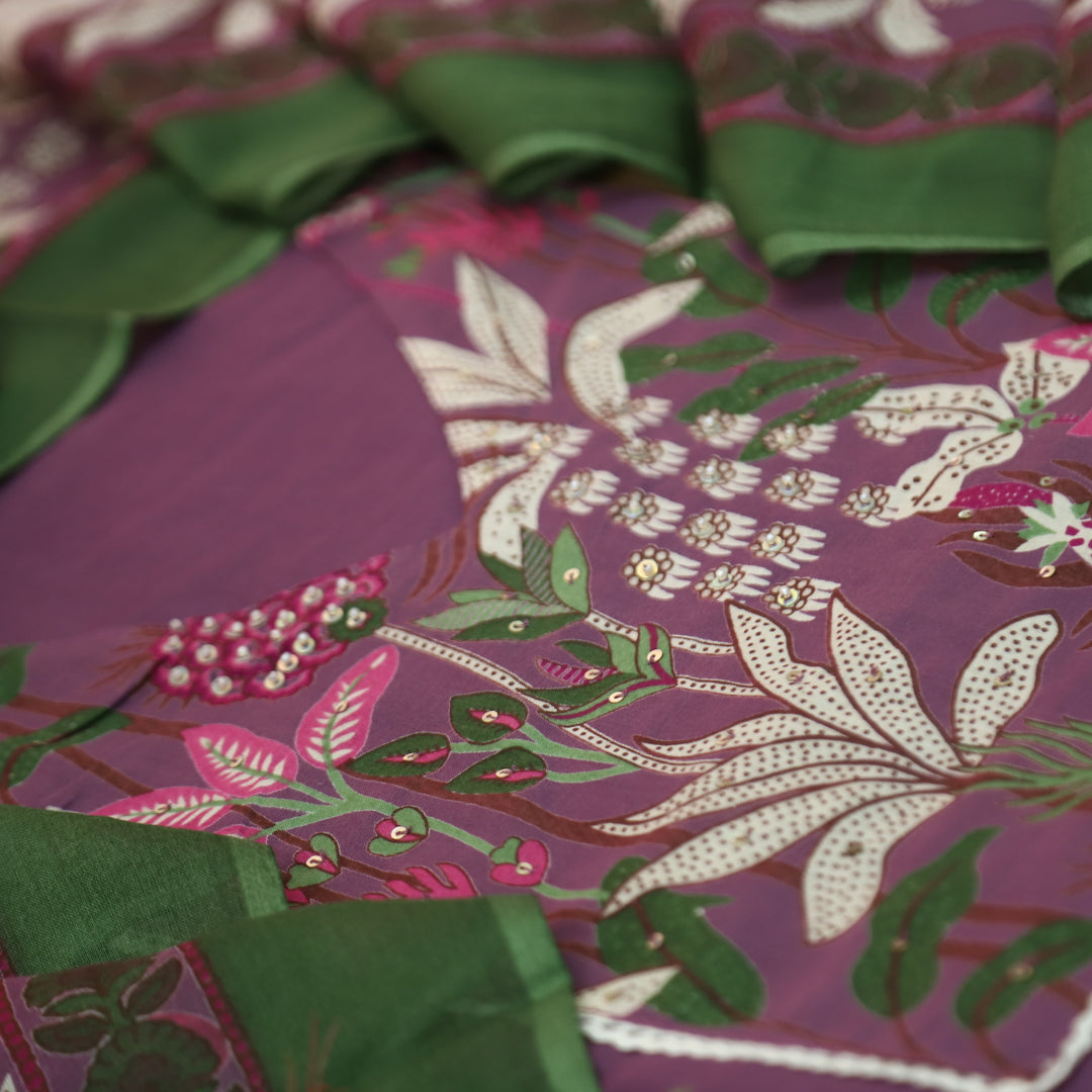 Aafreen Jamuni Purple V Neck Floral Printed Yoke with Moti Work Cotton Suit Set