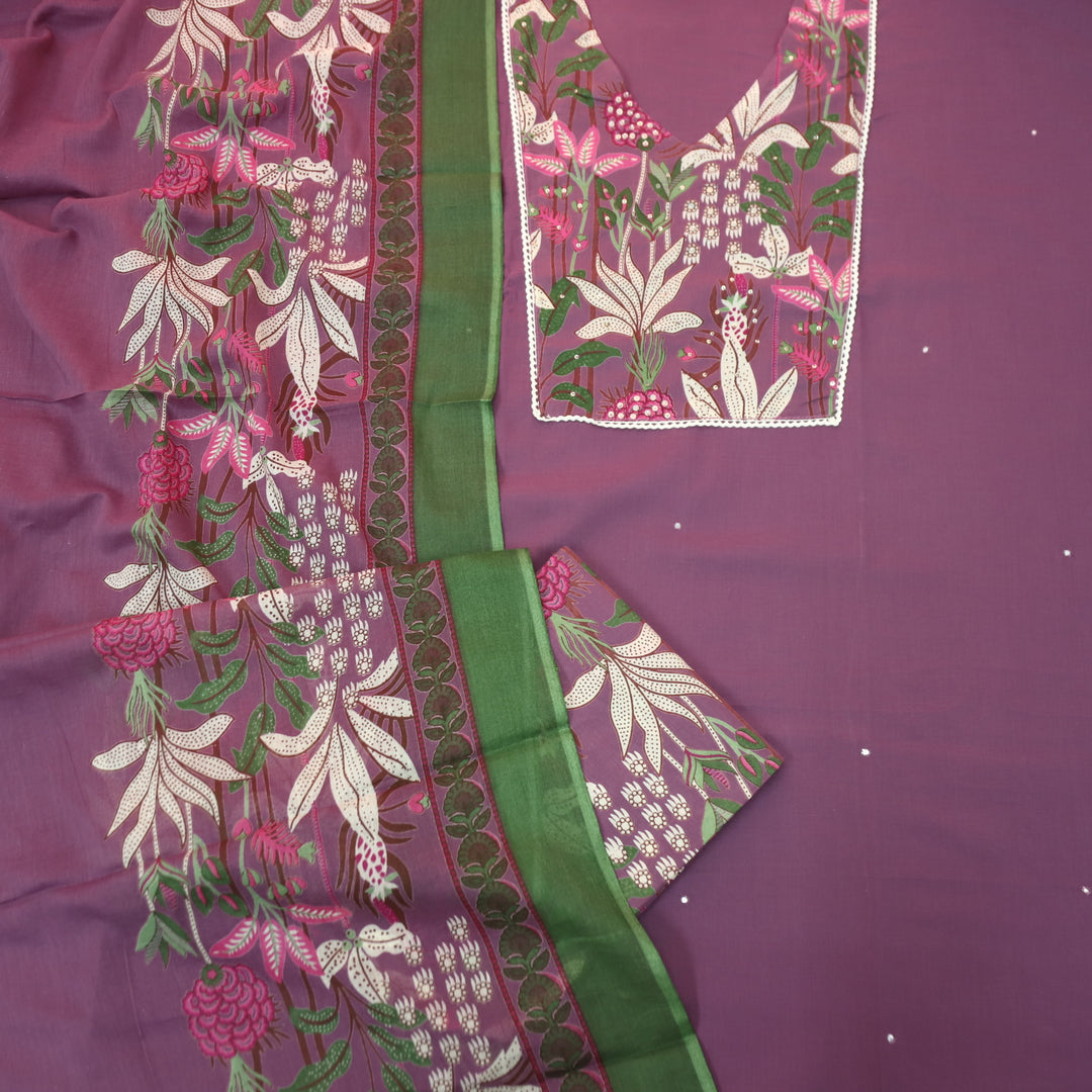 Aafreen Jamuni Purple V Neck Floral Printed Yoke with Moti Work Cotton Suit Set