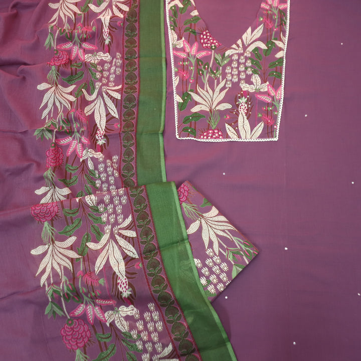 Aafreen Jamuni Purple V Neck Floral Printed Yoke with Moti Work Cotton Suit Set