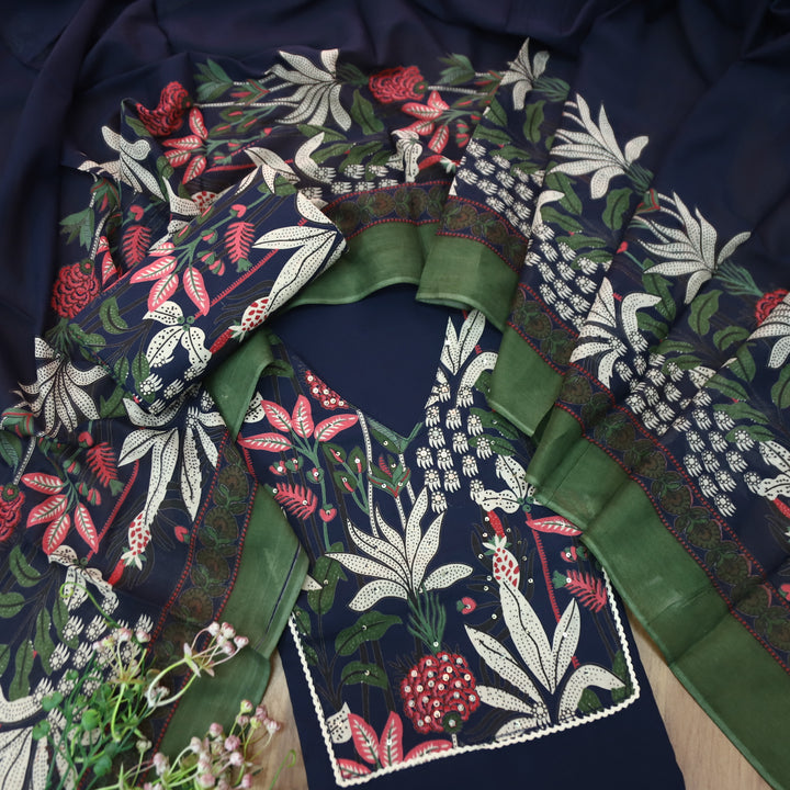 Aafreen Navy Blue V Neck Floral Printed Yoke with Moti Work Cotton Suit Set