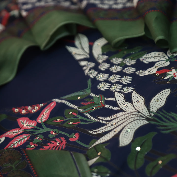 Aafreen Navy Blue V Neck Floral Printed Yoke with Moti Work Cotton Suit Set