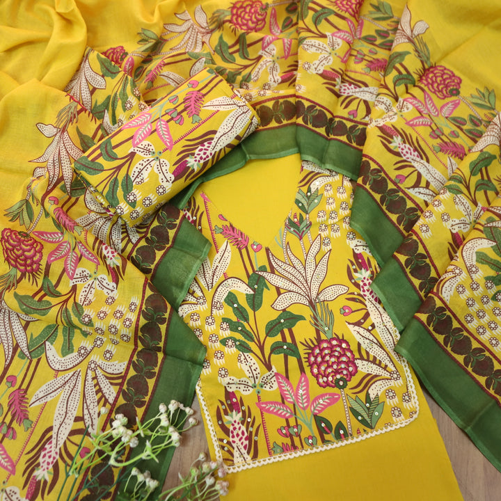 Aafreen Canary Yellow V Neck Floral Printed Yoke with Moti Work Cotton Suit Set