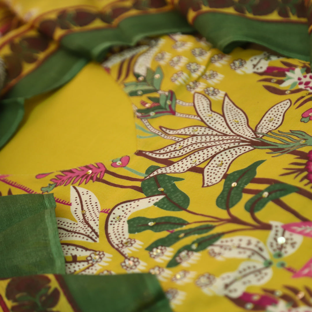Aafreen Canary Yellow V Neck Floral Printed Yoke with Moti Work Cotton Suit Set