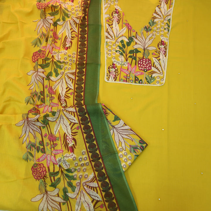 Aafreen Canary Yellow V Neck Floral Printed Yoke with Moti Work Cotton Suit Set