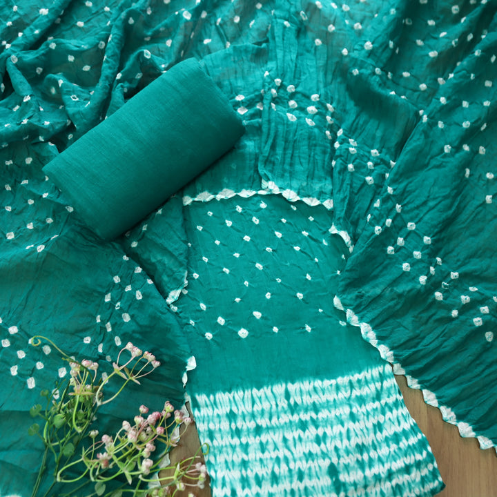 Sohini Emerald Teal All Over Authentic Bandhej Work Cotton Suit Set