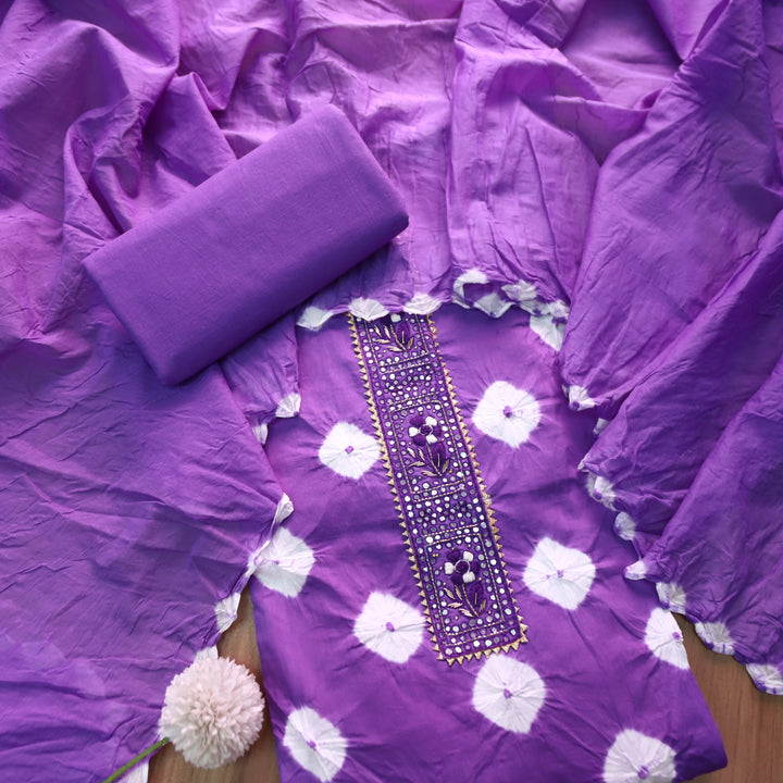 Dulhan Jamun Purple Patra Work Lace Patch Authentic Bandhej Work Cotton Suit Set