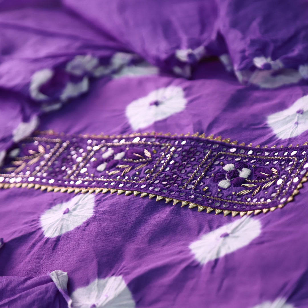 Dulhan Jamun Purple Patra Work Lace Patch Authentic Bandhej Work Cotton Suit Set