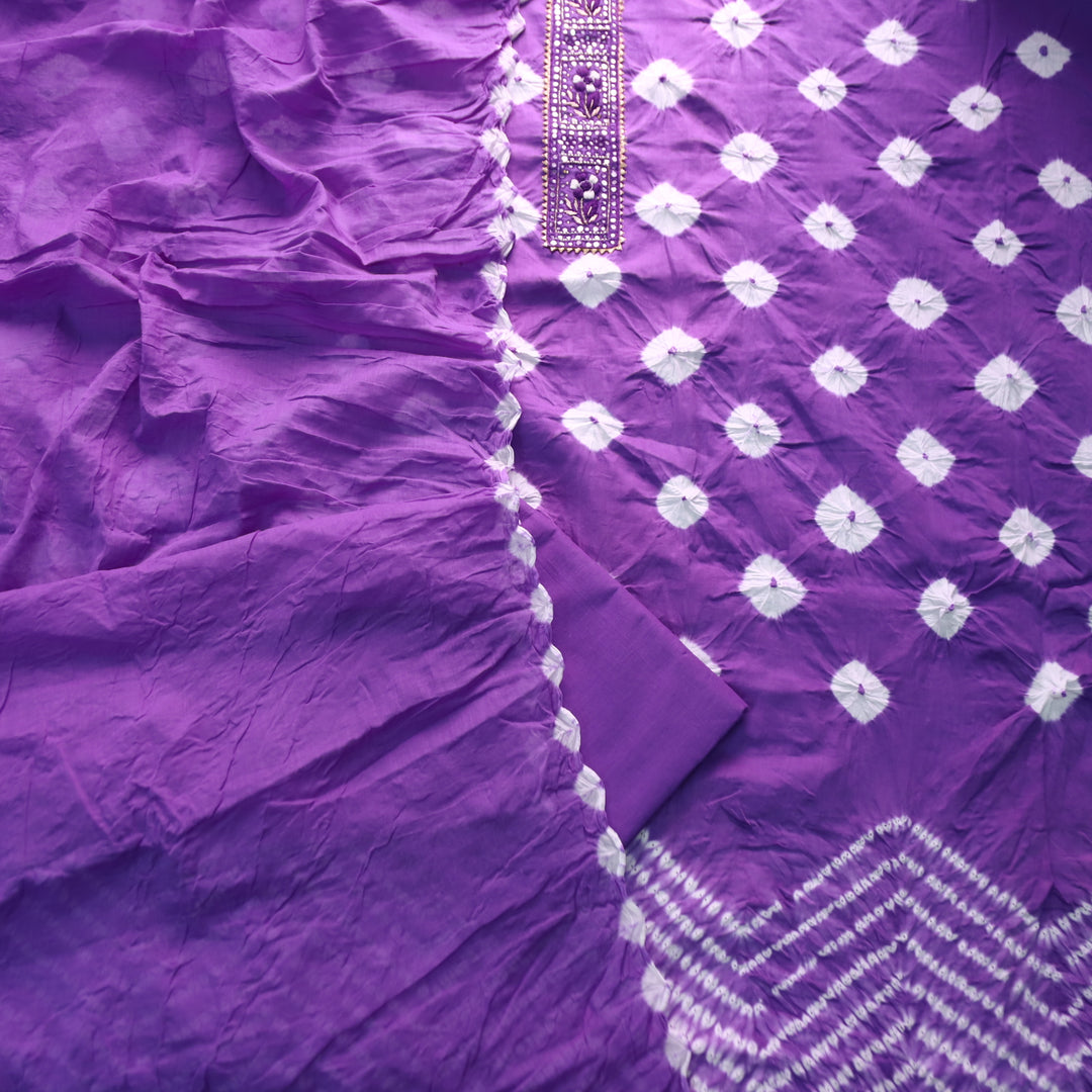 Dulhan Jamun Purple Patra Work Lace Patch Authentic Bandhej Work Cotton Suit Set