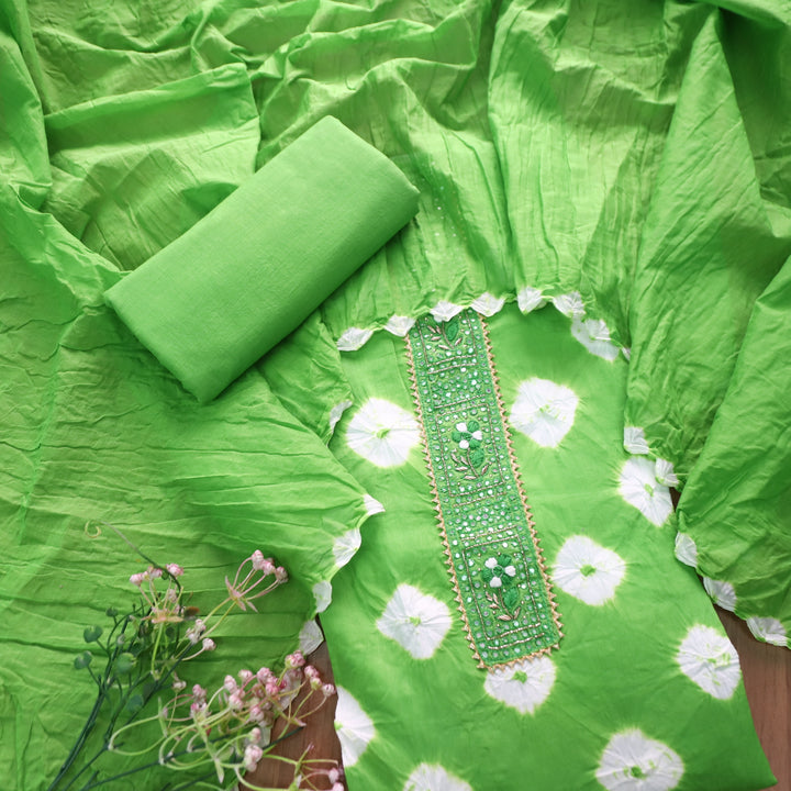 Dulhan Parrot Green Patra Work Lace Patch Authentic Bandhej Work Cotton Suit Set