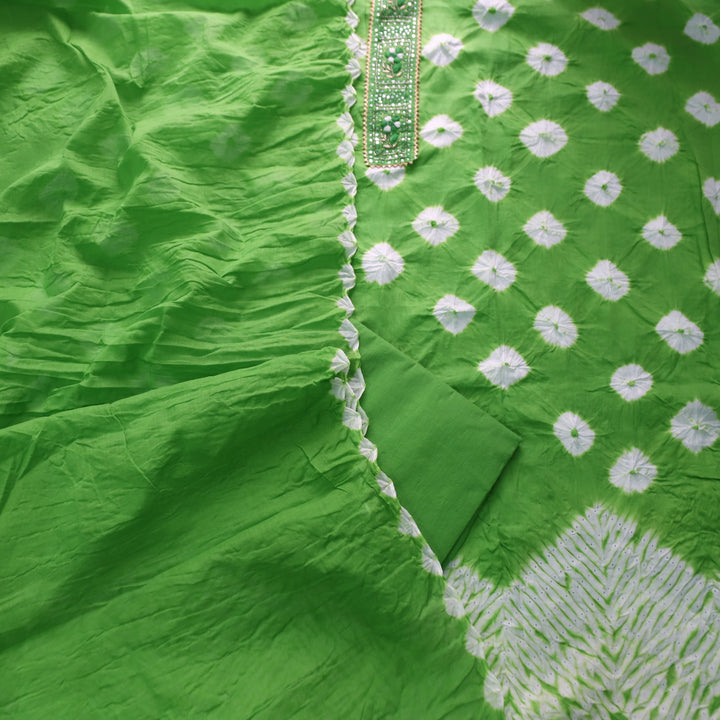 Dulhan Parrot Green Patra Work Lace Patch Authentic Bandhej Work Cotton Suit Set