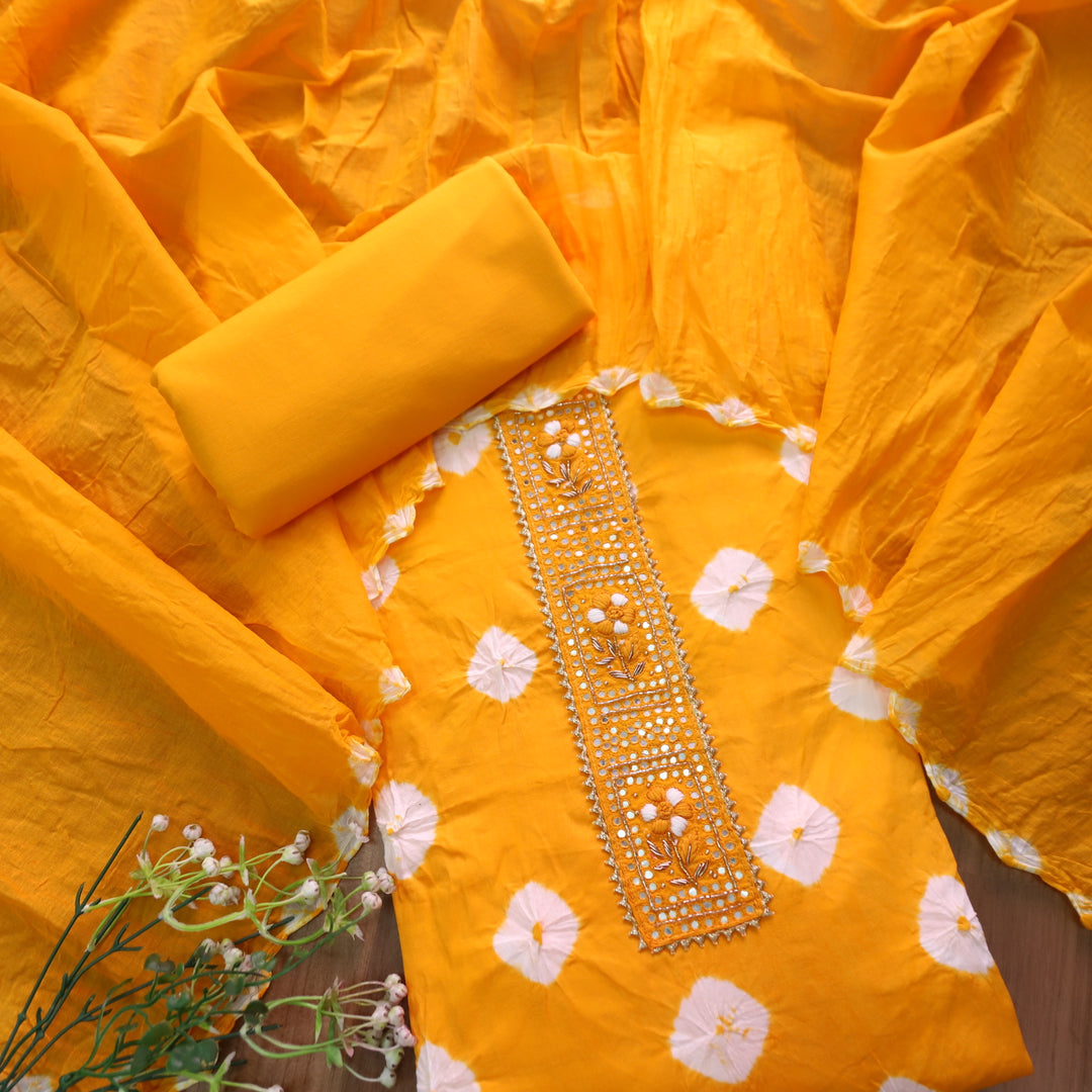 Dulhan Corn Yellow Patra Work Lace Patch Authentic Bandhej Work Cotton Suit Set