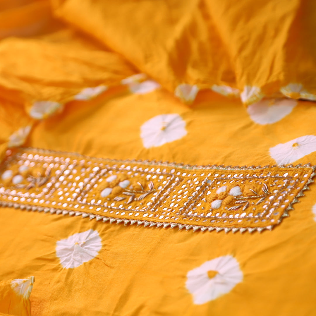Dulhan Corn Yellow Patra Work Lace Patch Authentic Bandhej Work Cotton Suit Set