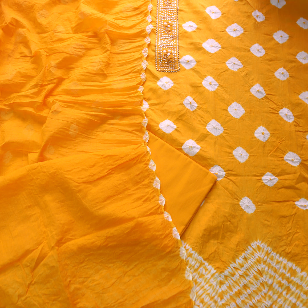 Dulhan Corn Yellow Patra Work Lace Patch Authentic Bandhej Work Cotton Suit Set